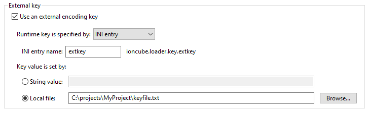 Screenshot showing how to configure an external key using a php.ini property with a file path value.