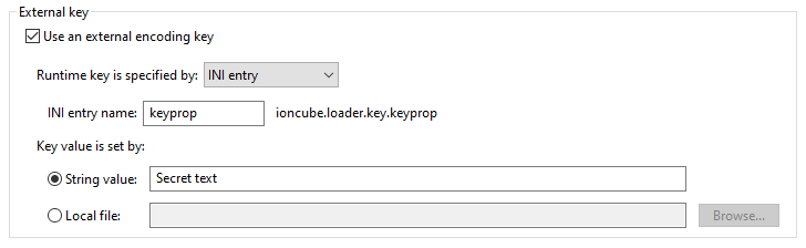 Screenshot showing how to configure an external key using a php.ini property with a string value.