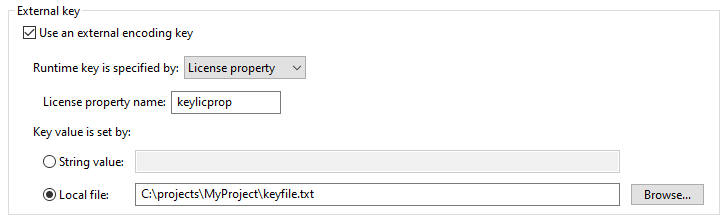 Screenshot showing how to configure an external key using a license property.