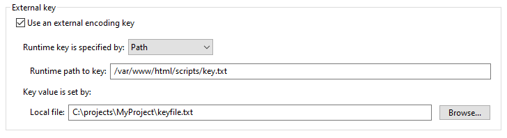Screenshot showing how to specify the run-time path for an external key during encoding.